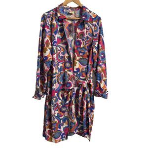 Intempo Ladies‎ Size XL Pink Blue Ornate Scroll Print Silky Wrap Dress 70's